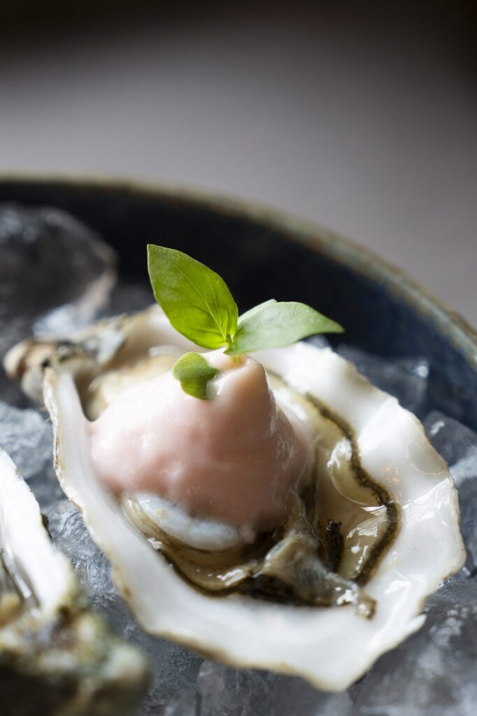 Oester met basilicum op ijs